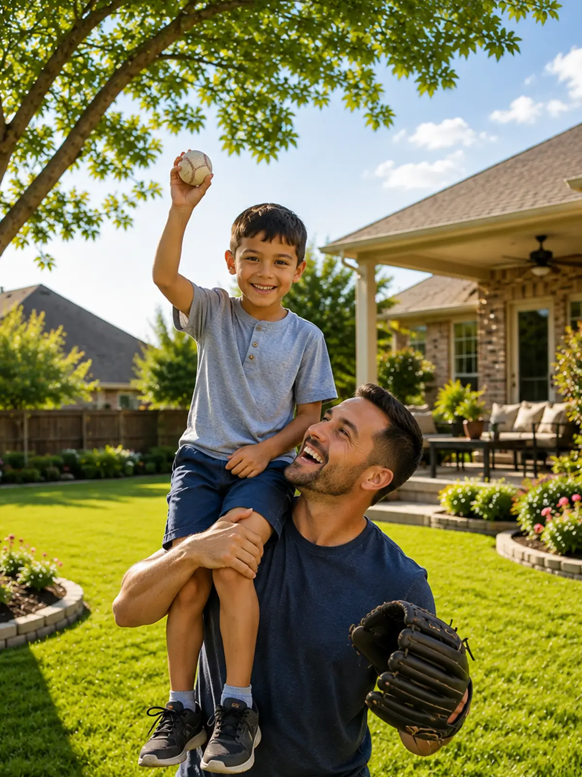 Lawn Care McKinney happy father son playing ball in backyard